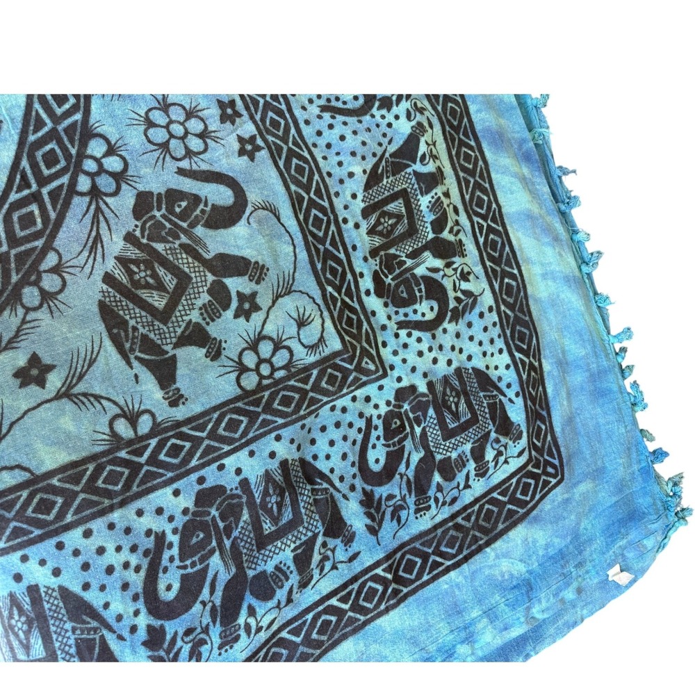 Goa Sarong Wrap‎ OS Blue Tie Dye Cotton Elephant Print 70" by 80"  Fringe Tassel